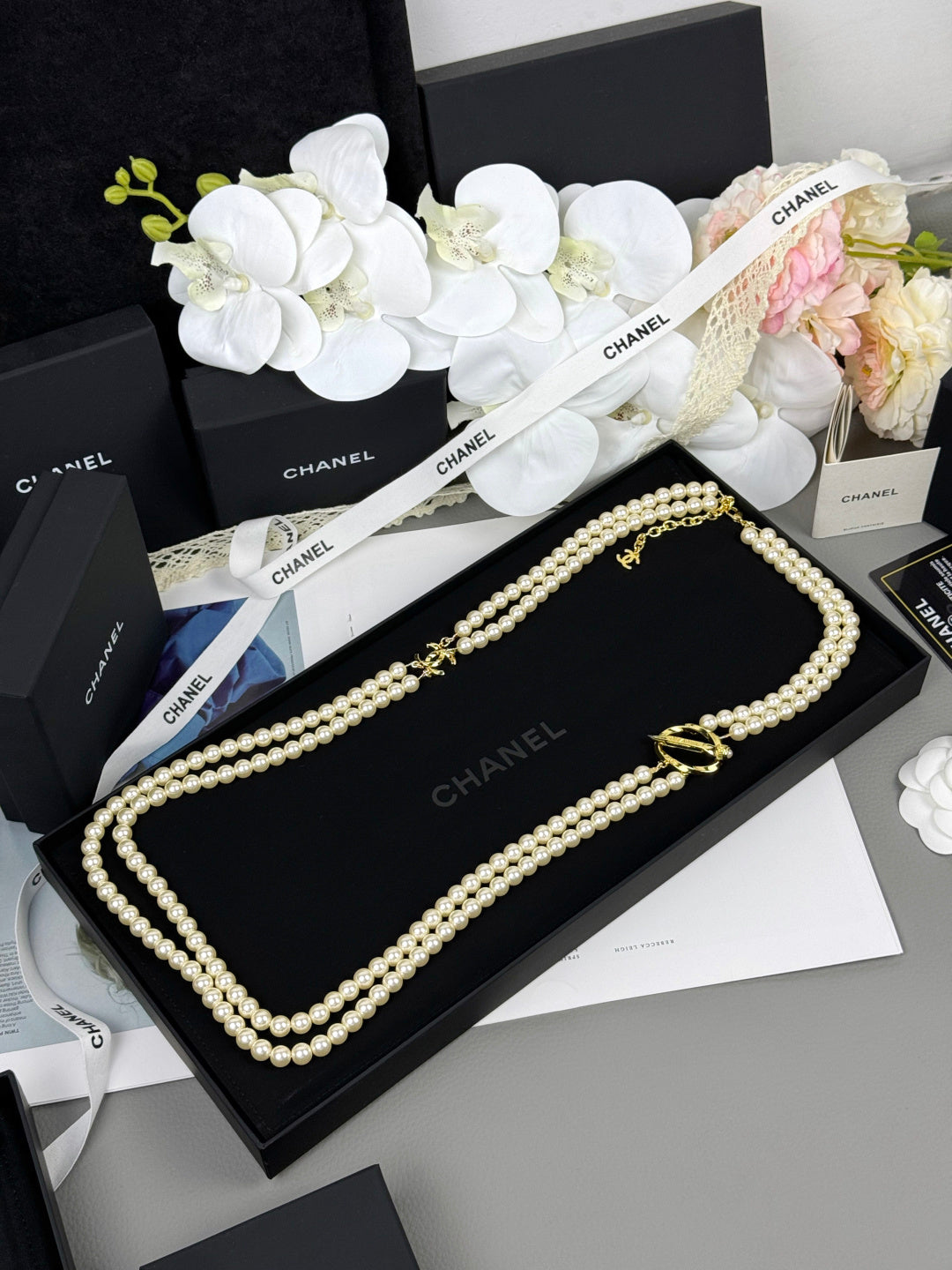 [LUXE]25K Pencil Double C Double-Layer Pearl Sweater Chain