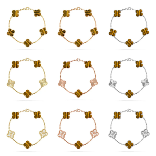 [LUXE] CLOVER 5 MOTIFS TIGER EYE BRACELET COLLECTION