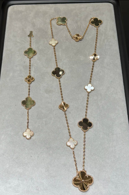 [LUXE]DETACHABLE CLOVER 15(11+4) FLOWER SILVER NECKLACE SET