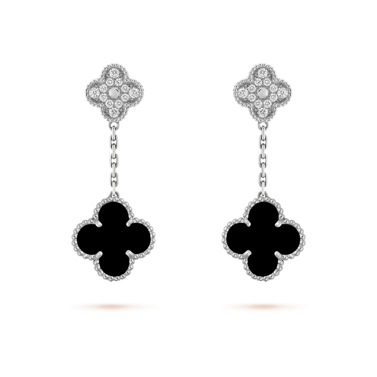 [LUXE]CLOVER 2 MOTIFS  DIAMOND ONYX EARRINGS SILVER