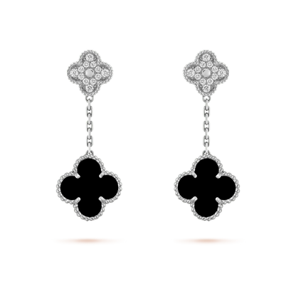 [LUXE]CLOVER 2 MOTIFS  DIAMOND ONYX EARRINGS SILVER