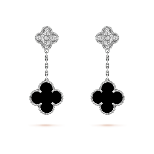[LUXE]CLOVER 2 MOTIFS  DIAMOND ONYX EARRINGS SILVER