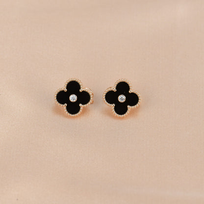 [LUXE]CLOVER MEDIUM 1 MOTIFS ONYX DIAMOND EARRINGS