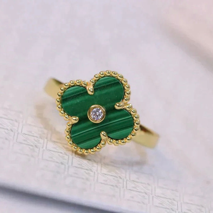 [LUXE]CLOVER MALACHITE RING GOLD DIAMOND