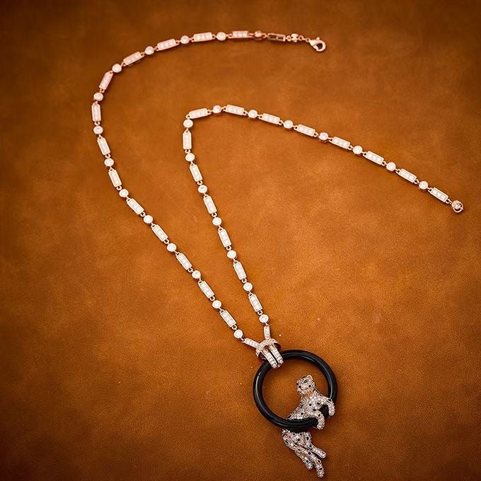 [LUXE jewelrys]NEW BLACK CIRCLE PANTHER FULL DIAMOND NECKLACE