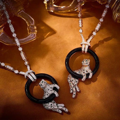 [LUXE jewelrys]NEW BLACK CIRCLE PANTHER FULL DIAMOND NECKLACE