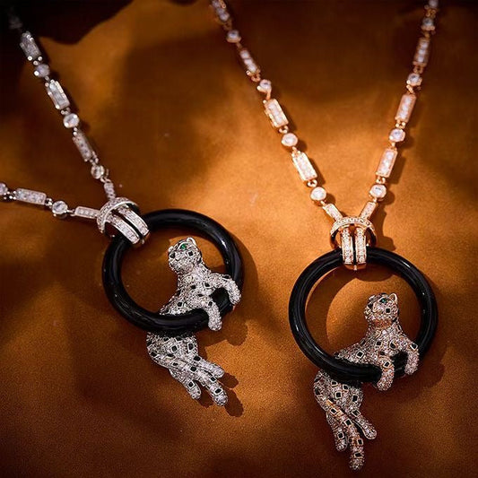 [LUXE jewelrys]NEW BLACK CIRCLE PANTHER FULL DIAMOND NECKLACE