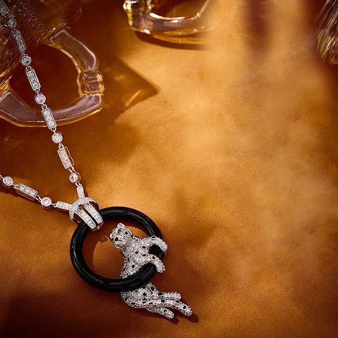 [LUXE jewelrys]NEW BLACK CIRCLE PANTHER FULL DIAMOND NECKLACE