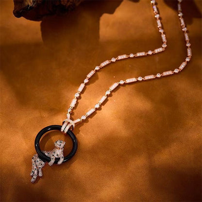 [LUXE jewelrys]NEW BLACK CIRCLE PANTHER FULL DIAMOND NECKLACE
