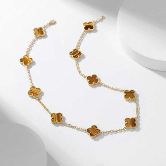 [LUXE]CLOVER 10 MOTIFS TIGER EYE NECKLACE