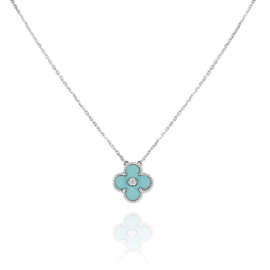 [LUXE]CLOVER 1 DIAMOND LIGHT BLUE SILVER NECKLACE