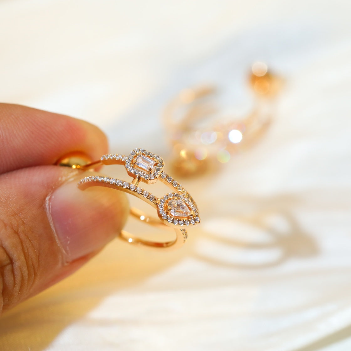 [LUXE]CREOLES MY TWIN 2 RANGS SILVER DIAMOND EARRINGS