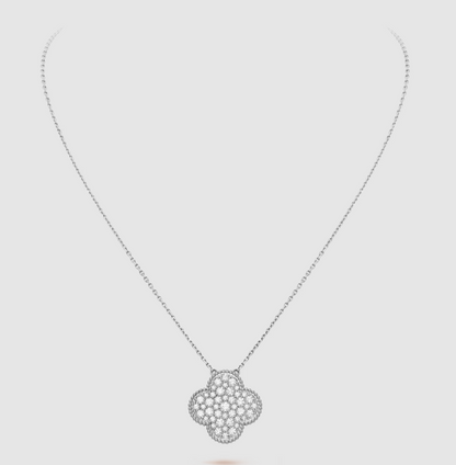 [LUXE]CLOVER 25MM LARGE PENDANT DIAMOND PAVED SILVER NECKLACE