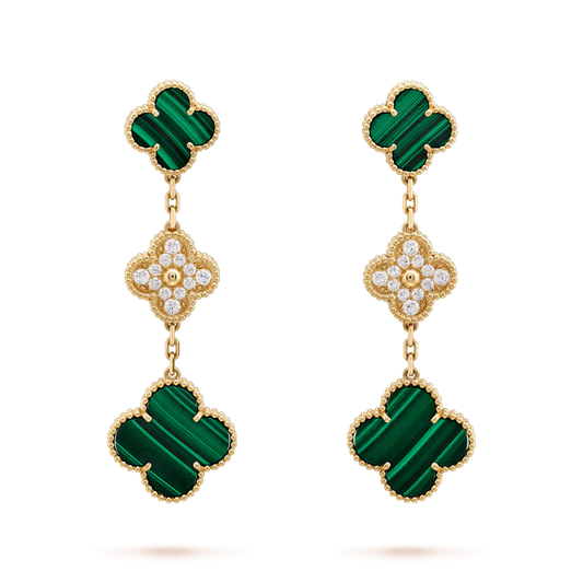 [LUXE]CLOVER EARRINGS GOLD MALACHITE DIAMOND 3 MOTIF