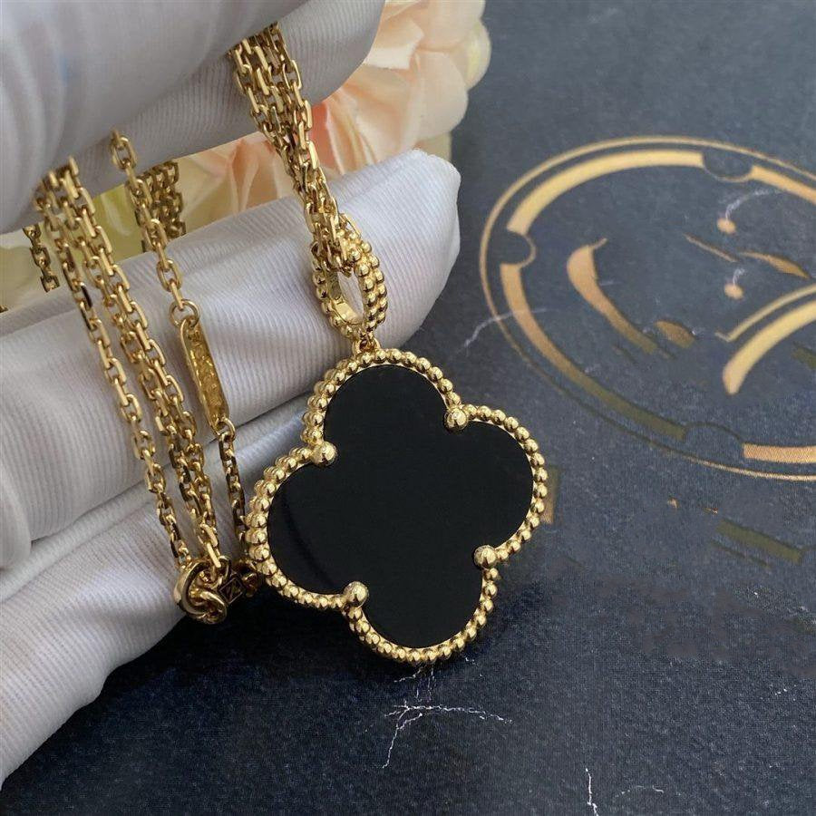[LUXE]CLOVER 25MM GOLD ONYX BIG CLOVER NECKLACE