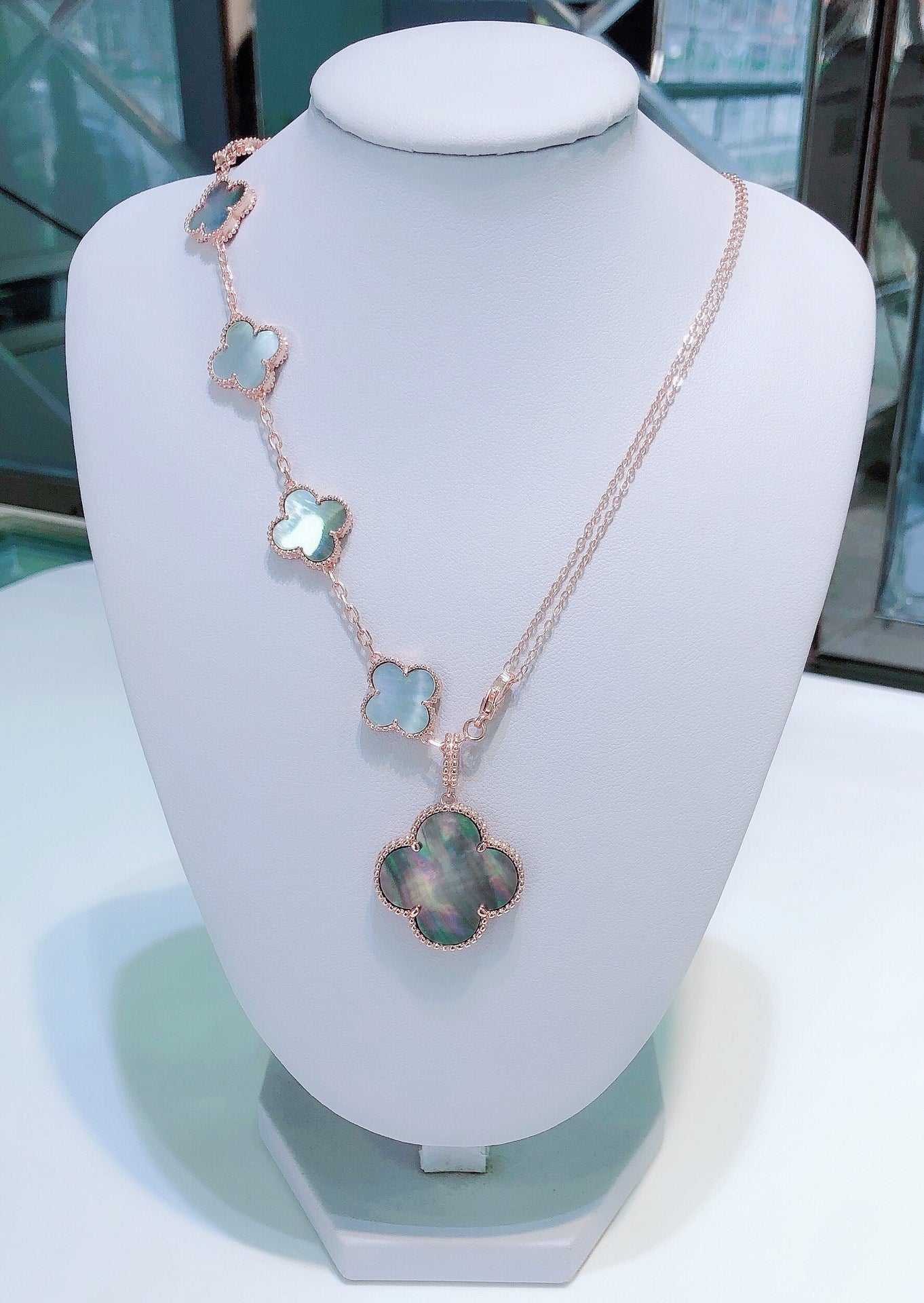 [LUXE]COMBINED BRACELET 5 MOTIFS AND NECKLACE DARK MOP ROSE GOLD