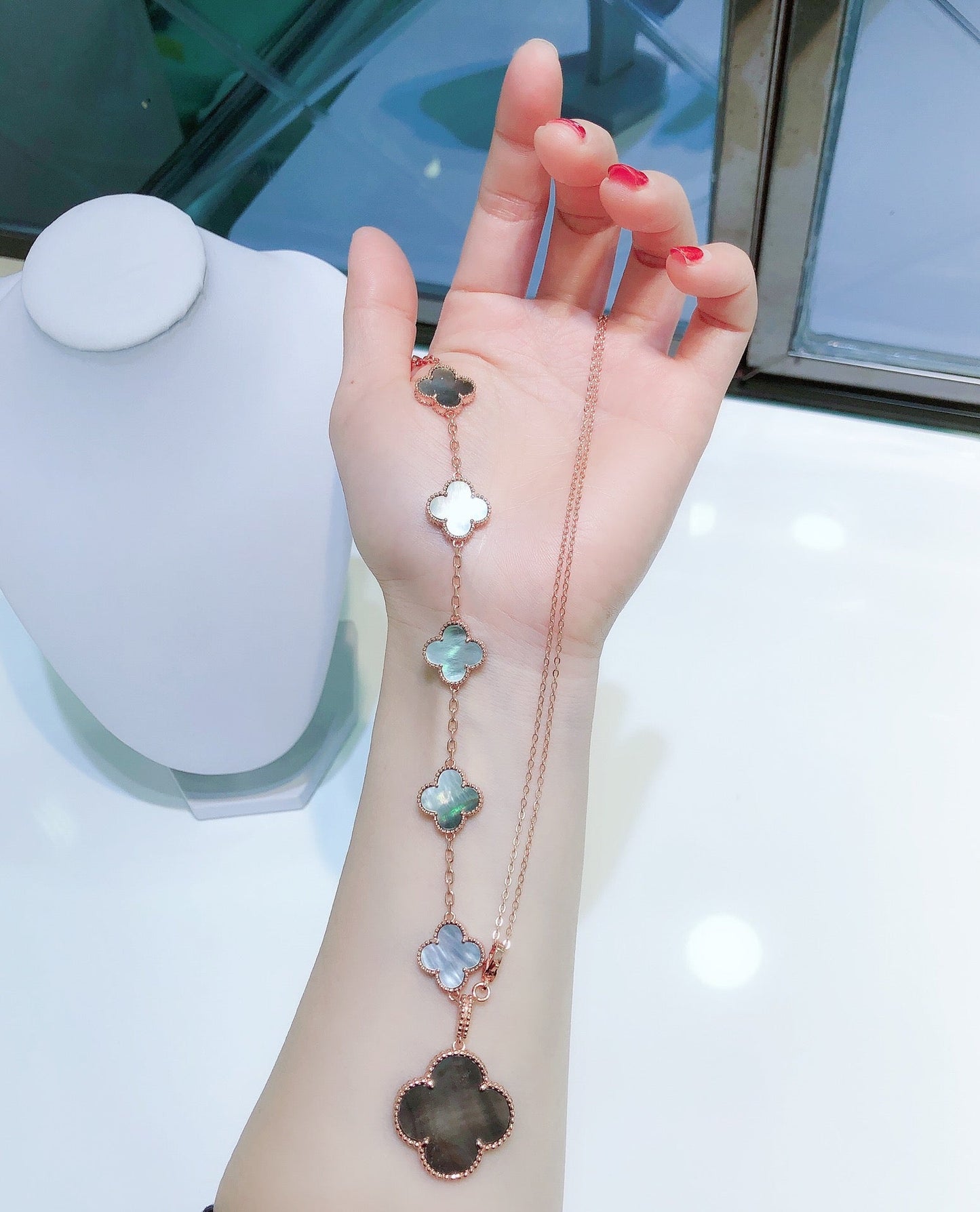 [LUXE]COMBINED BRACELET 5 MOTIFS AND NECKLACE DARK MOP ROSE GOLD