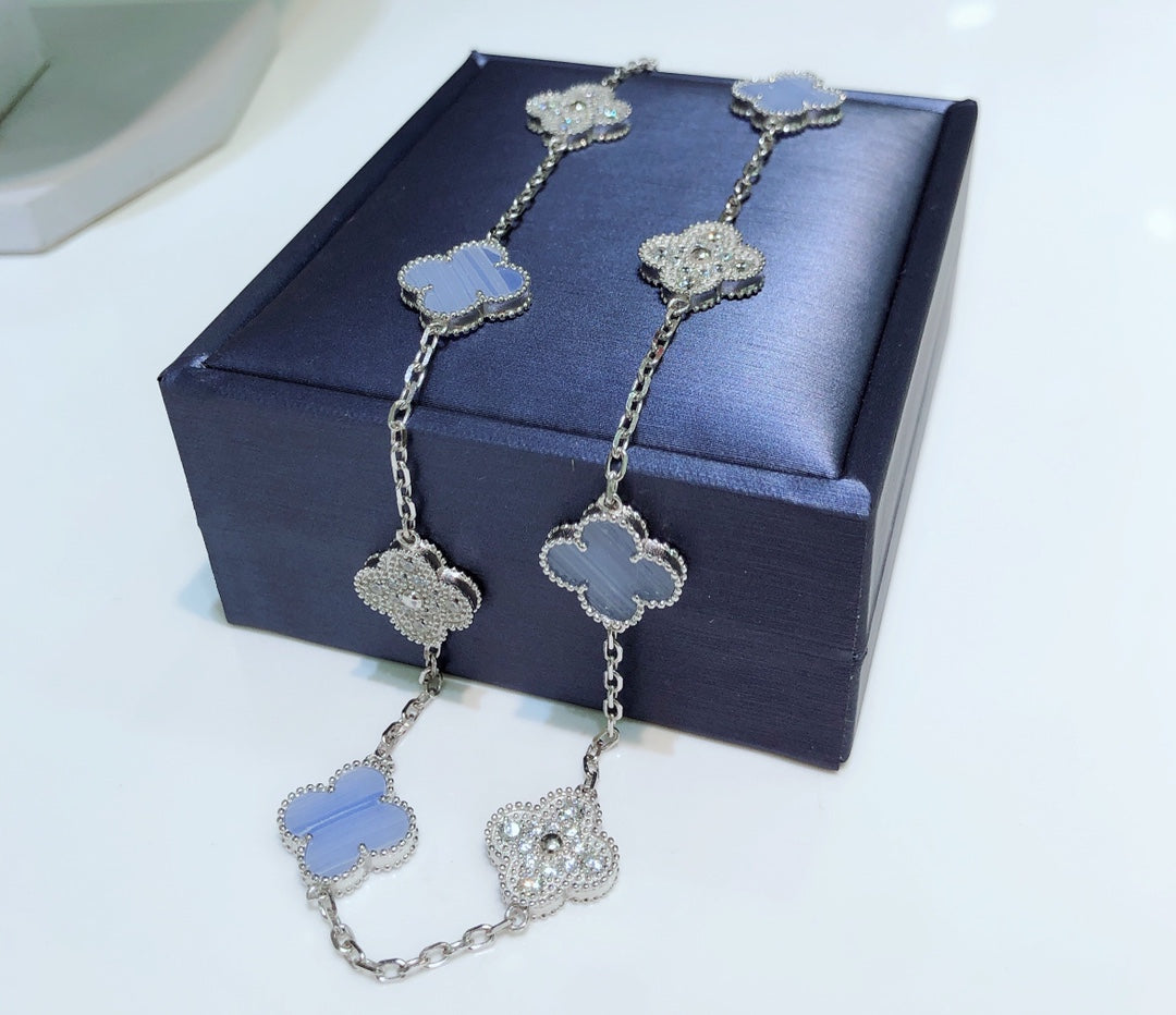 [LUXE]CLOVER 10 MOTIFS CHALCEDONY DIAMONDS SILVER NECKLACE