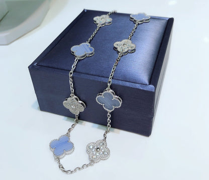 [LUXE]CLOVER 10 MOTIFS CHALCEDONY DIAMONDS SILVER NECKLACE