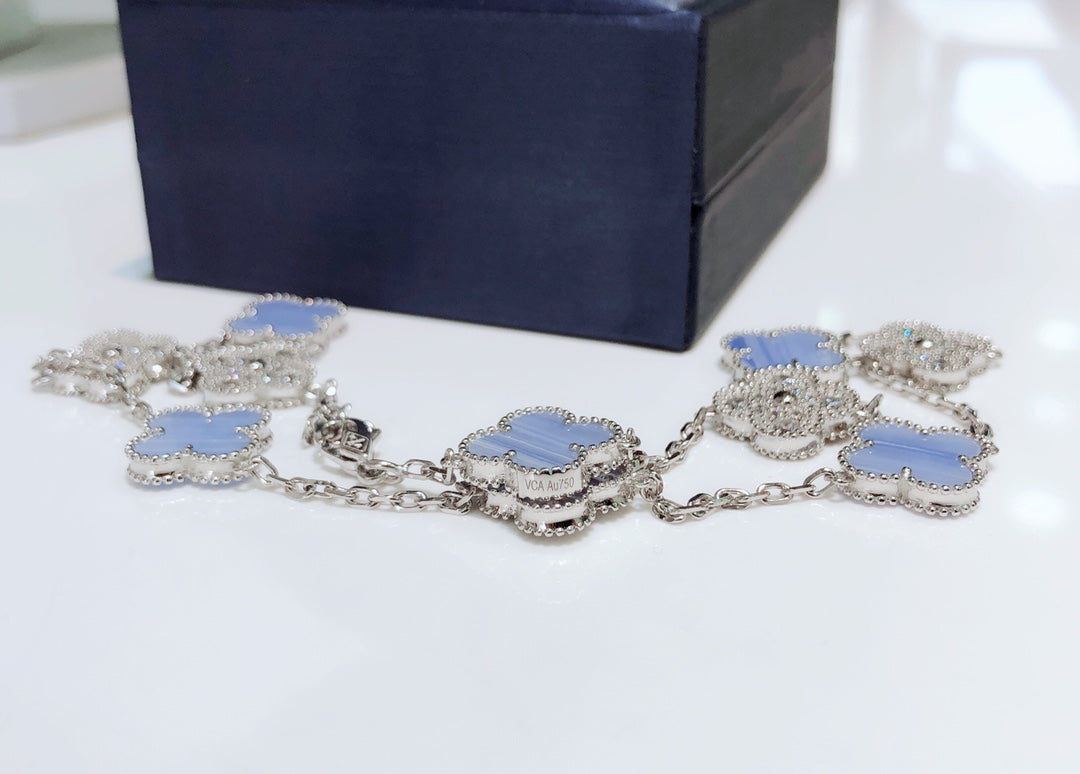 [LUXE]CLOVER 10 MOTIFS CHALCEDONY DIAMONDS SILVER NECKLACE