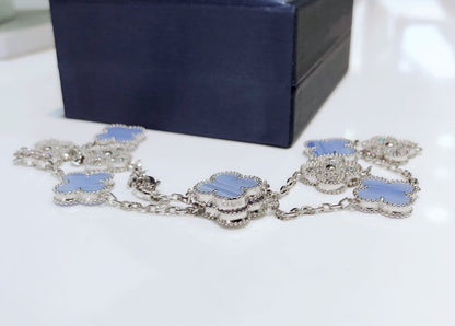 [LUXE]CLOVER 10 MOTIFS CHALCEDONY DIAMONDS SILVER NECKLACE