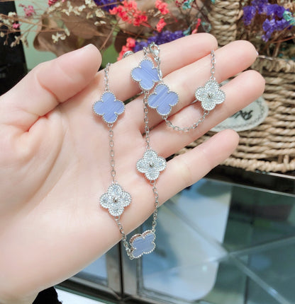 [LUXE]CLOVER 10 MOTIFS CHALCEDONY DIAMONDS SILVER NECKLACE