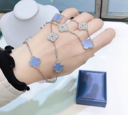 [LUXE]CLOVER 10 MOTIFS CHALCEDONY DIAMONDS SILVER NECKLACE