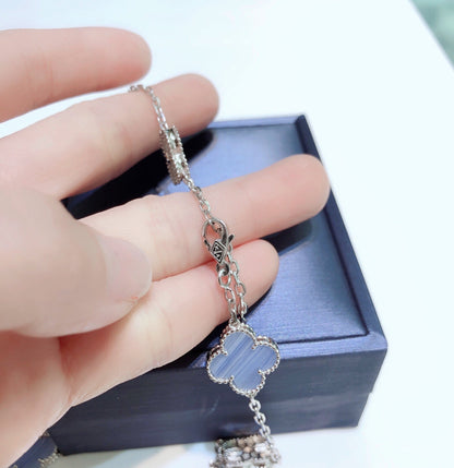 [LUXE]CLOVER 10 MOTIFS CHALCEDONY DIAMONDS SILVER NECKLACE