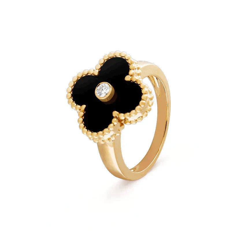 [LUXE]CLOVER ONYX RING GOLD DIAMOND